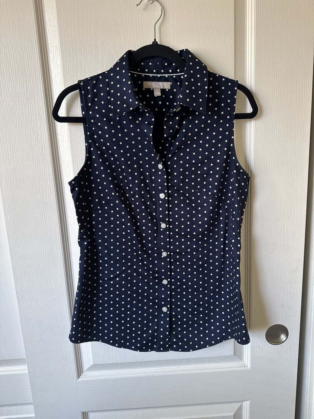 Sleeveless Navy Polka Dot Button-Down Top